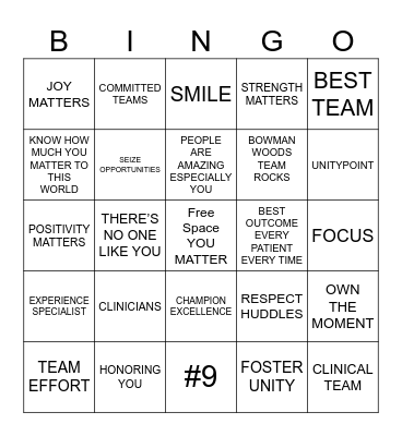 One TEAM. ONE FOCUS Bingo Card