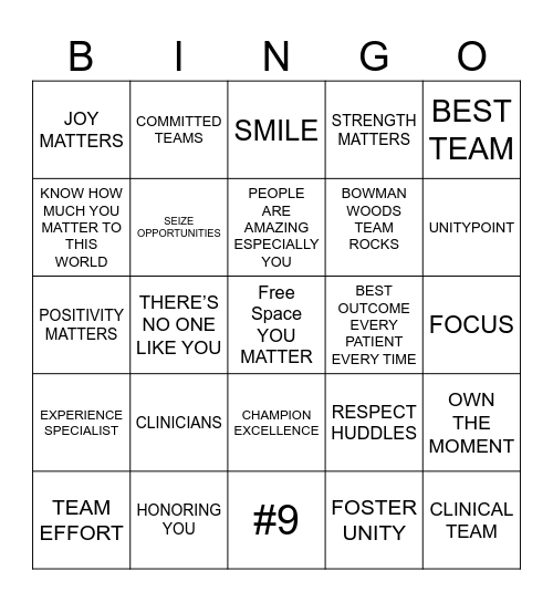 One TEAM. ONE FOCUS Bingo Card