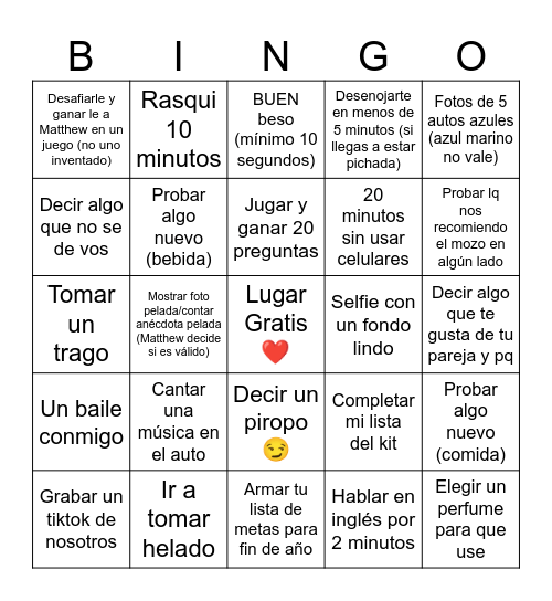 Date Night Bingo Card