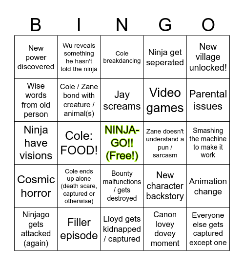 Ninjago Bingo Card