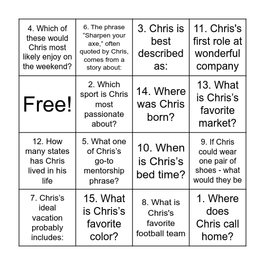 CHRIS BINGO Card