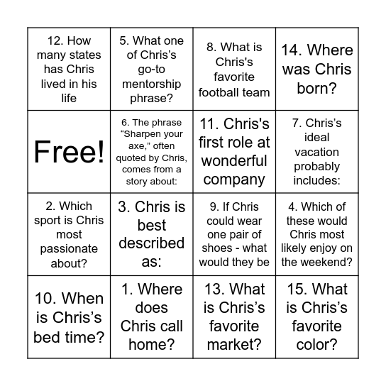 CHRIS BINGO Card