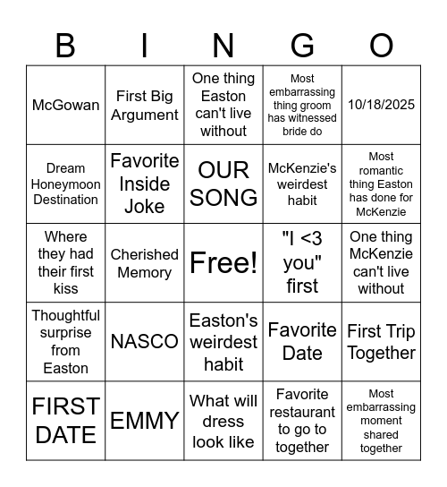 McKenzie and Easton Bingo Card