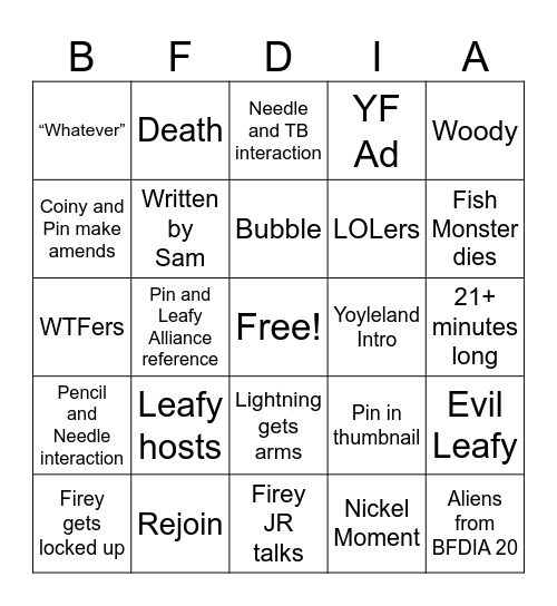 BFDIA 21 Bingo Card