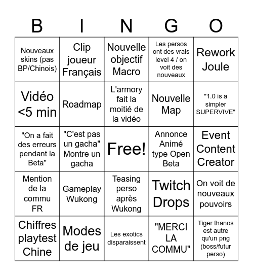 BINGO 1.0 SUPERVIVE Bingo Card