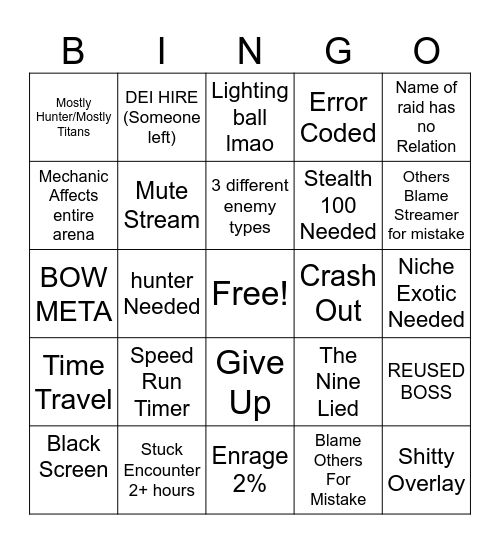 Destiny 2 RAID DAY ONE(DESERT PERPETUAL) Bingo Card