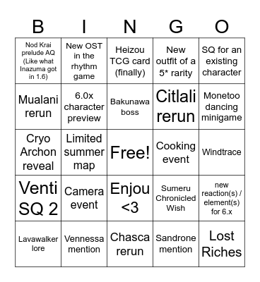 5.8 Genshin Livestream Bingo Card