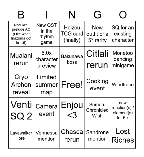 5.8 Genshin Livestream Bingo Card