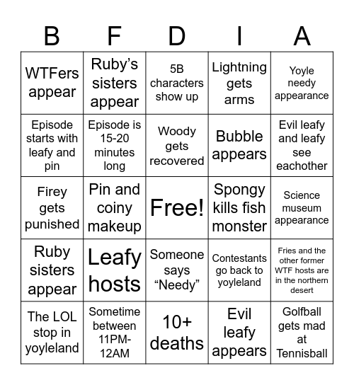Bfdia 21 bingo card Bingo Card