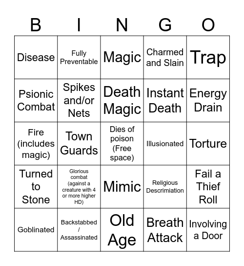 Advanced Dungeons & Dragons Bingo Card