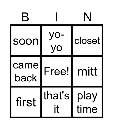 Clean Up Time Bingo Card
