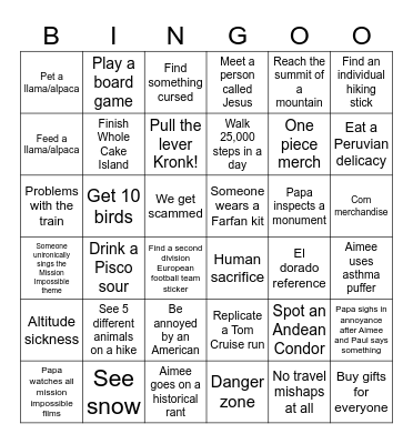 Peruvian Pals Bingo Card