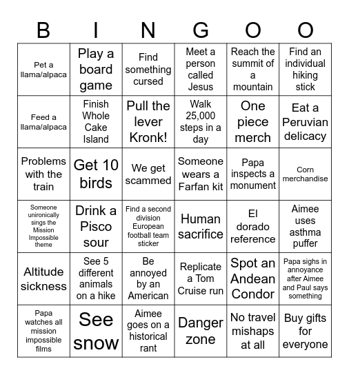Peruvian Pals Bingo Card