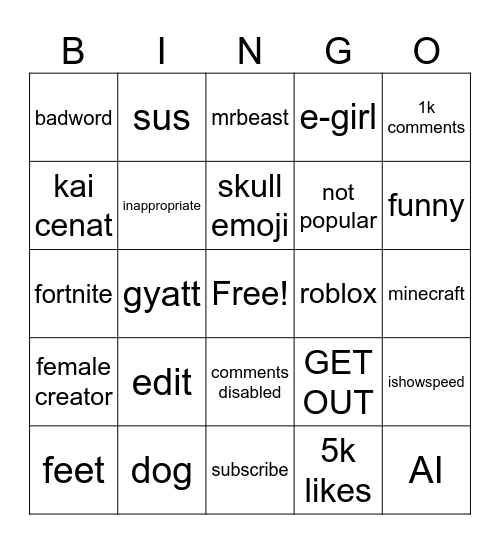 yt shorts bingo Card