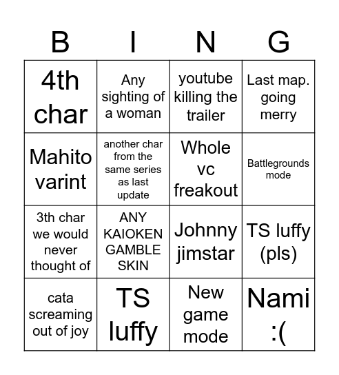 Shonnen Update 6 Bingo Card