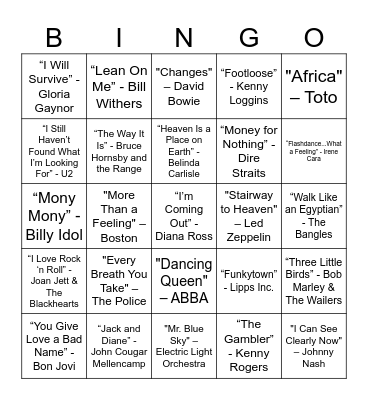 70s & 80s Bingo Card