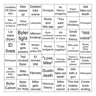 Stranger Things Bingo Card