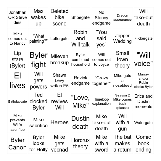 Stranger Things Bingo Card