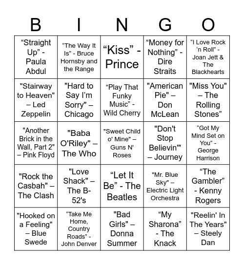 70s & 80s Bingo Card