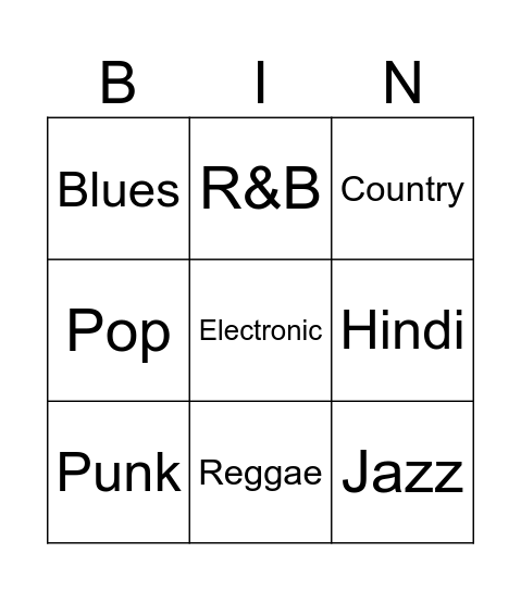 Music Genre Bingo Card