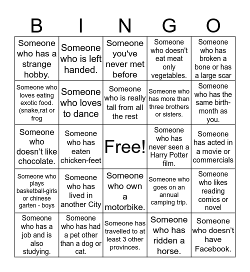 Get to know you - Bingo Card