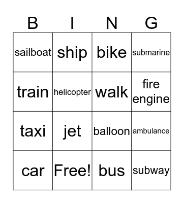 Transportation Bingo Card