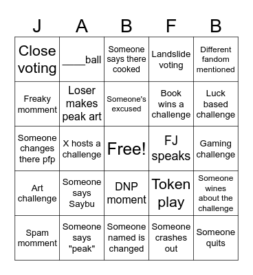 JABFBC Bingo Card