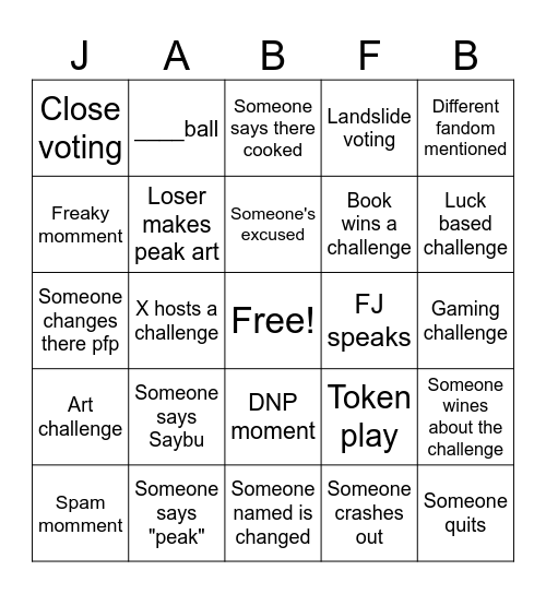 JABFBC Bingo Card