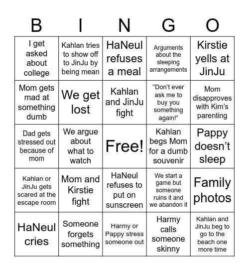 Outer Banks Vacation Bingo Card