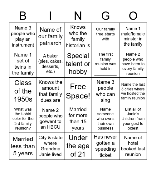 Dais Family Bingo 2022 Bingo Card