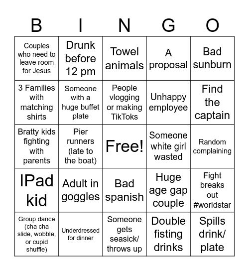 Cruise Bingo Card