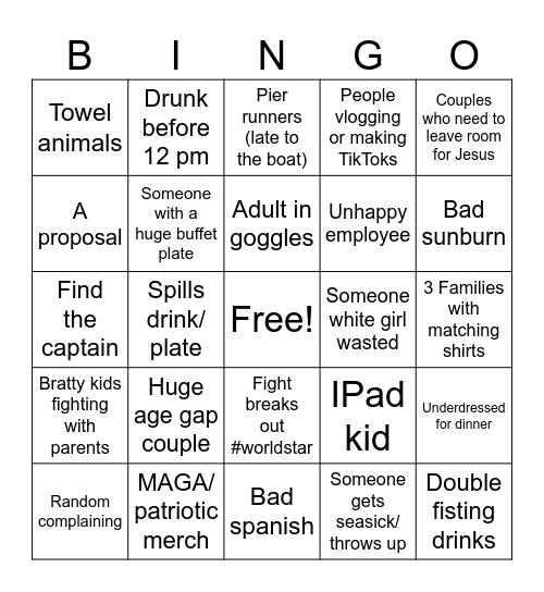 Cruise Bingo Card