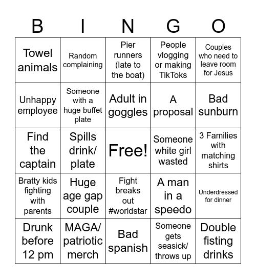 Cruise Bingo Card