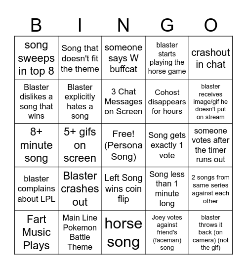 Blaster Music Stream Bingo Card