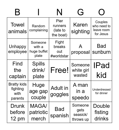 Cruise Bingo Card