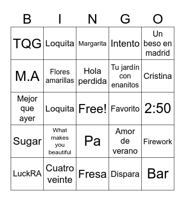 Bingo Musical Bingo Card