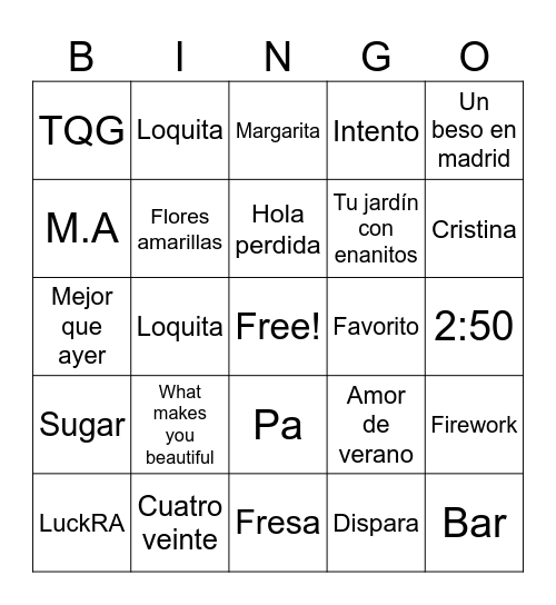 Bingo Musical Bingo Card