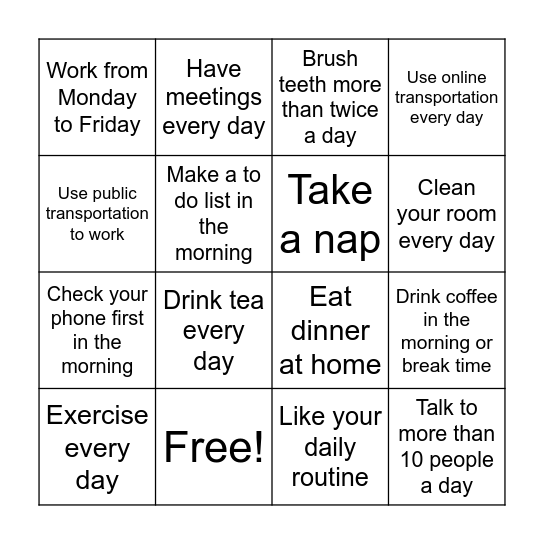 Daily Routine & Work Life Bingo Card