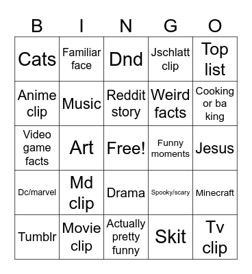Shorts Bingo Card