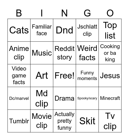 Shorts Bingo Card