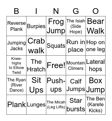 Bingo Fitness Fun Bingo Card