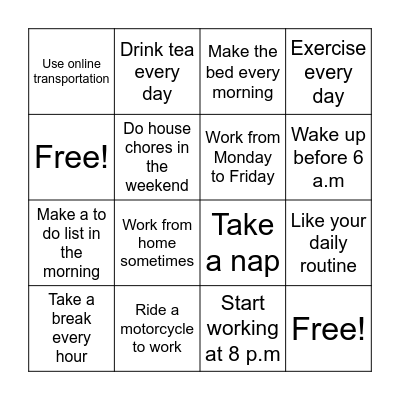 Daily Routine & Work Life Bingo Card