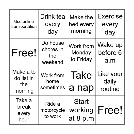 Daily Routine & Work Life Bingo Card