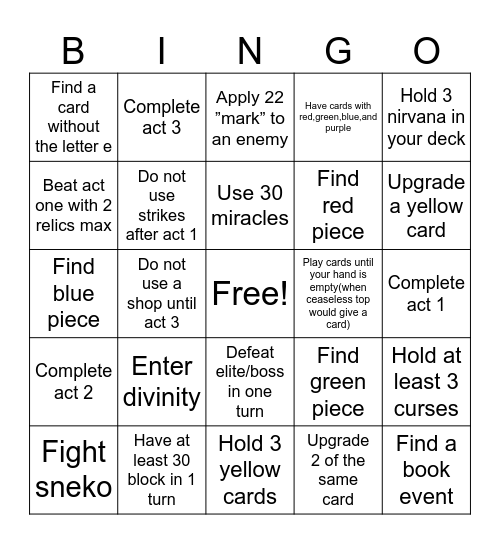 Slay the spire Bingo Card
