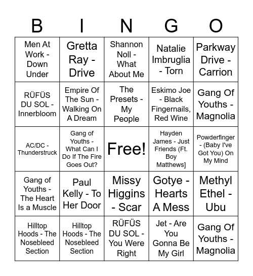 Triple J Bingo Card