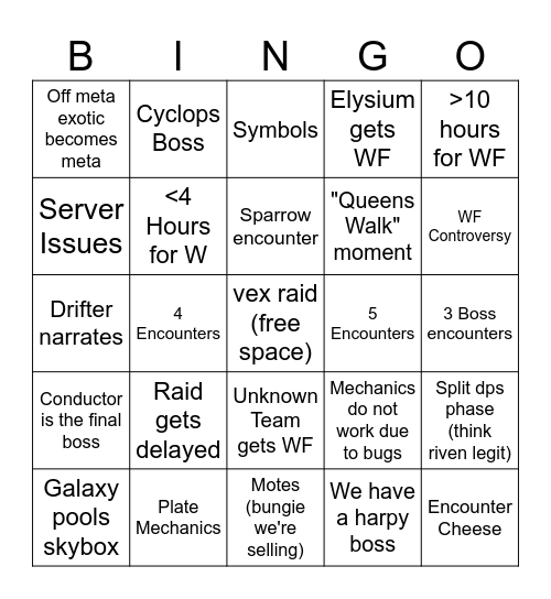 DP Raid Bingo Card