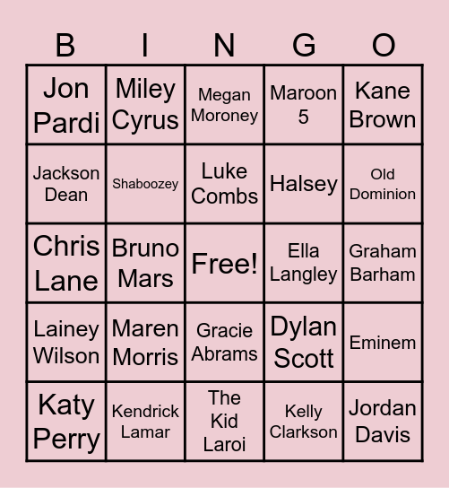 Music Artist BINGO Card