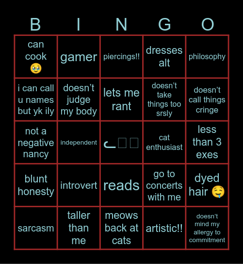 r u my type Bingo Card