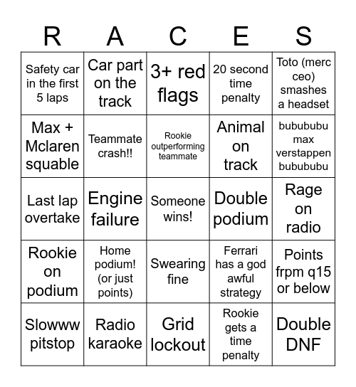 F1 watch party!! Bingo Card