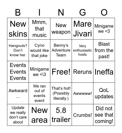 Genshin 5.8 Bingo Card